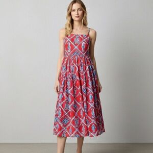 J. Crew Strappy Midi Dress Lobster Seahorse Red and Blue Cotton Summer 00 Tall